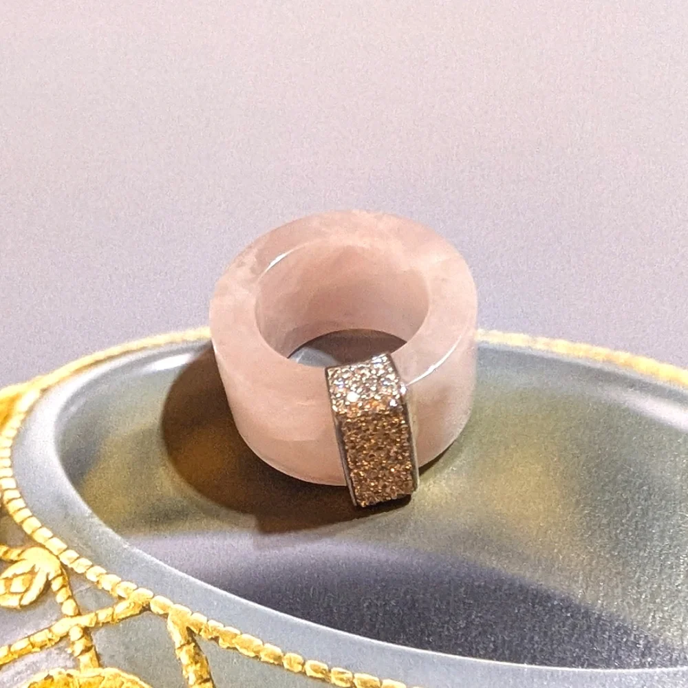 Vintage Myanmar Pink Jadeite Ring with CZ Accents - Picture 2 of 8